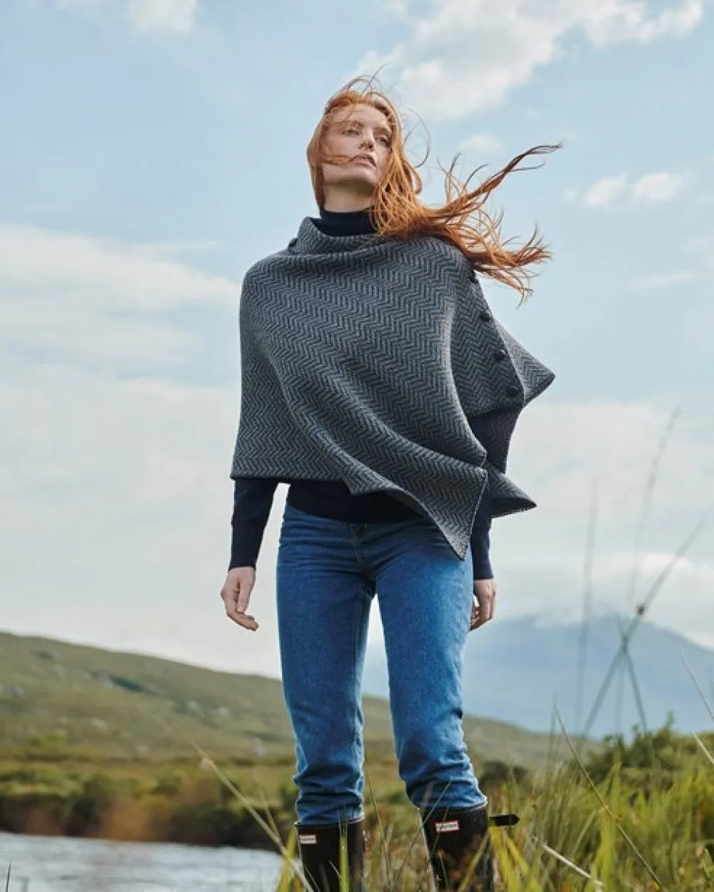 Aran Herringbone Poncho with Buttons