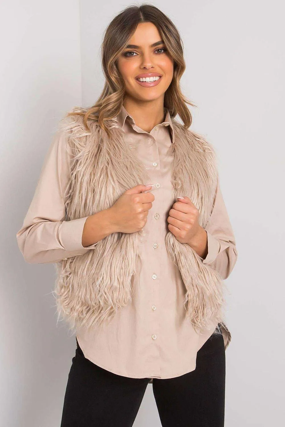 Beige Faux Fur Vest with Hook-and-Eye Fastening - Luxuriously Lined