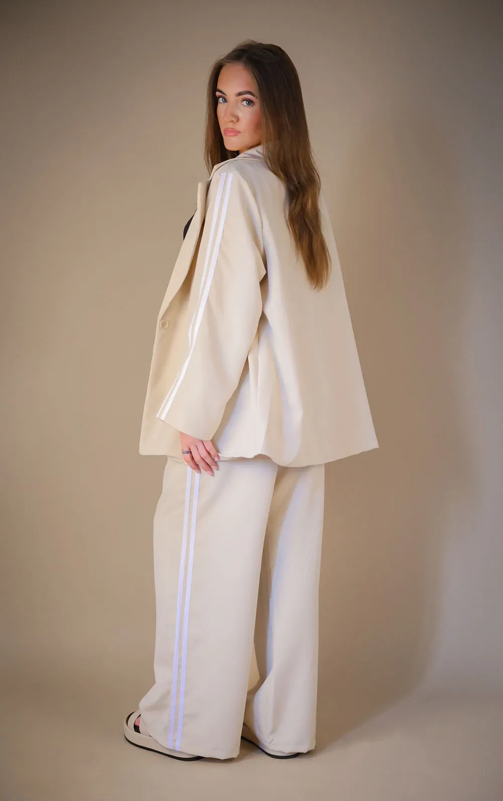 Beige Oversized Blazer Co Ord Suit Straight Leg Trouser Contrast Stripe detail