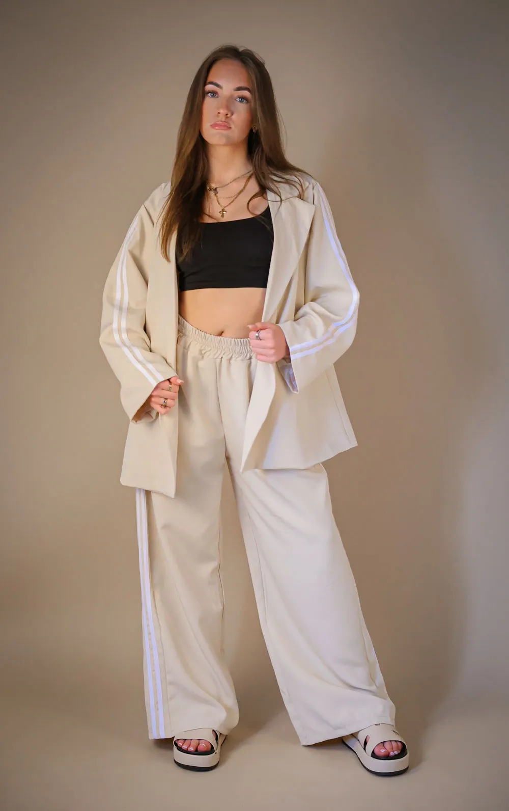 Beige Oversized Blazer Co Ord Suit Straight Leg Trouser Contrast Stripe detail