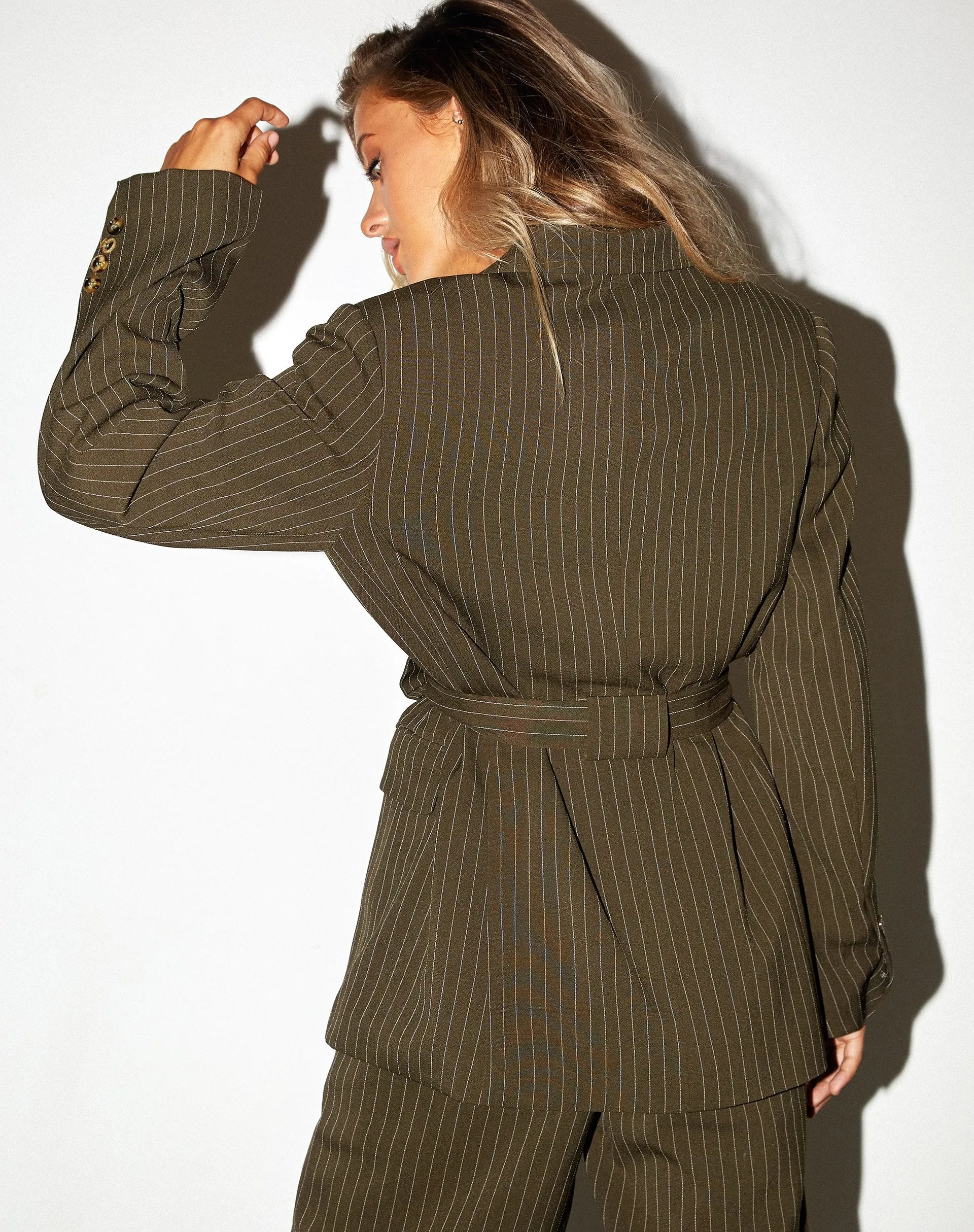 Belted Blazer in Pinstripe Khaki