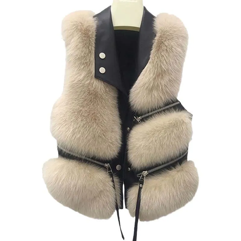 Black Leather Tassel Gilet Vest with Plush White Fur Trim for Women