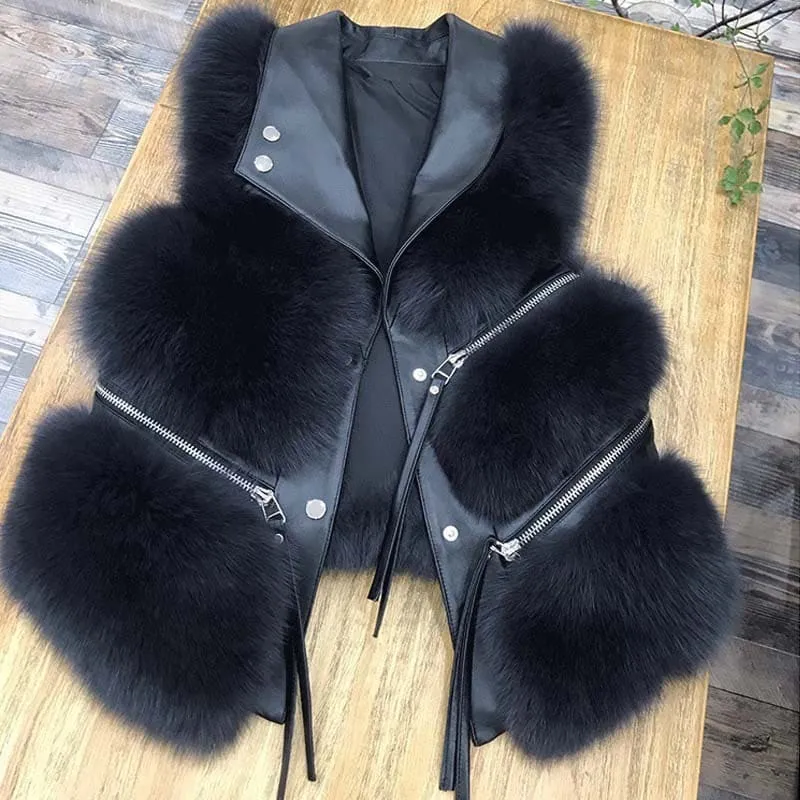 Black Leather Tassel Gilet Vest with Plush White Fur Trim for Women