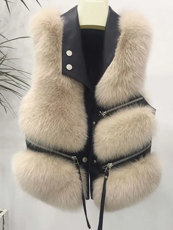 Black Leather Tassel Gilet Vest with Plush White Fur Trim for Women