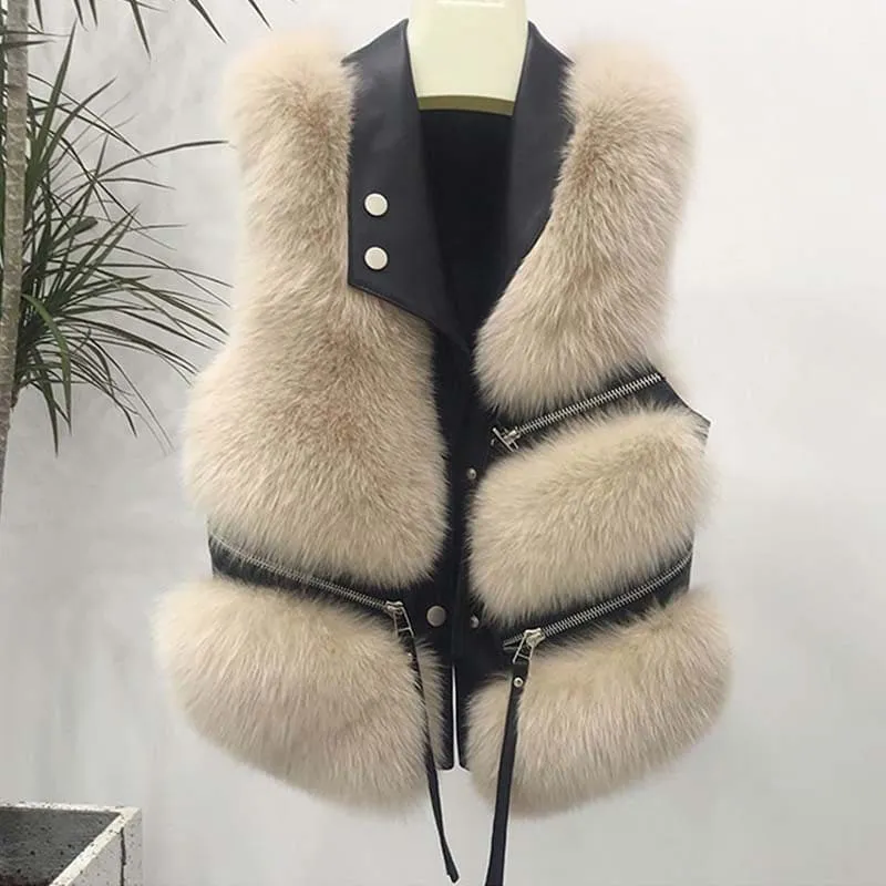 Black Leather Tassel Gilet Vest with Plush White Fur Trim for Women