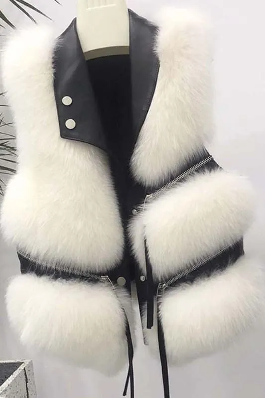 Black Leather Tassel Gilet Vest with Plush White Fur Trim for Women