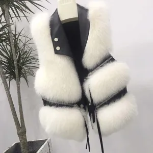 Black Leather Tassel Gilet Vest with Plush White Fur Trim for Women