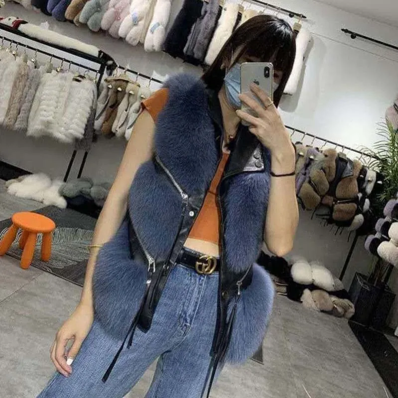 Black Leather Tassel Gilet Vest with Plush White Fur Trim for Women