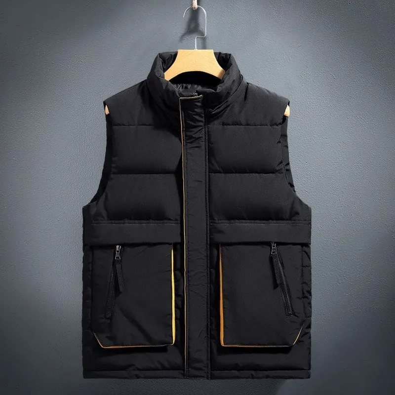 Black Quilted Fleece-lined Warm Cotton Gilet with Yellow Trim