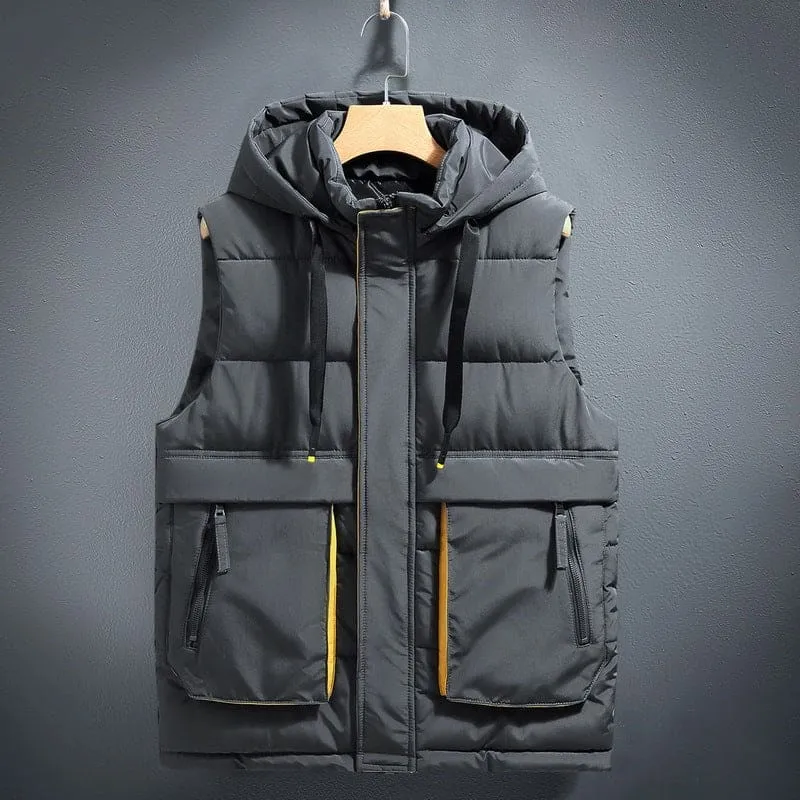 Black Quilted Fleece-lined Warm Cotton Gilet with Yellow Trim