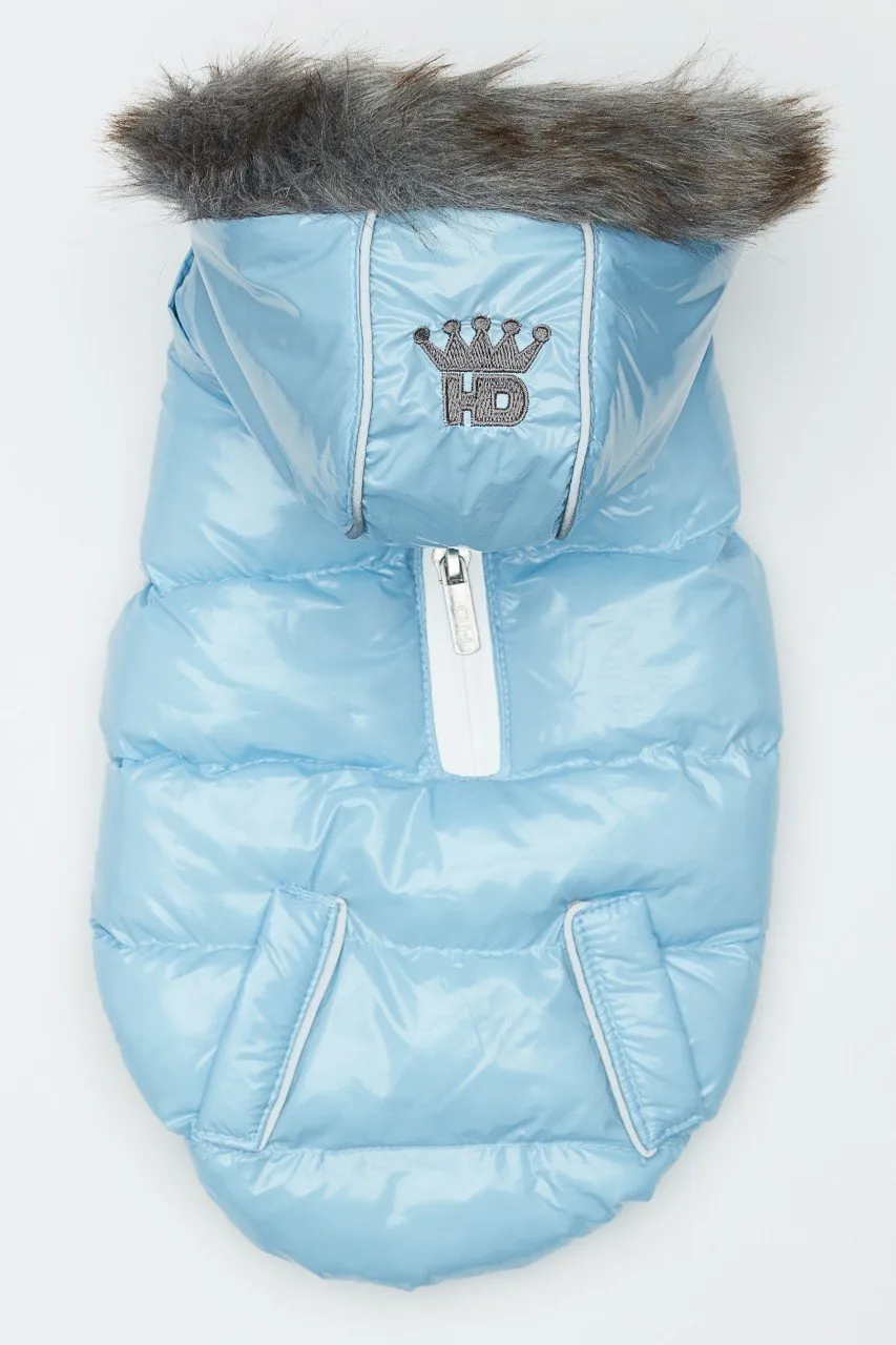 Blue Winter Dog Jacket with Hood - Hip Doggie Elite Reflective Coat - Ice Blue