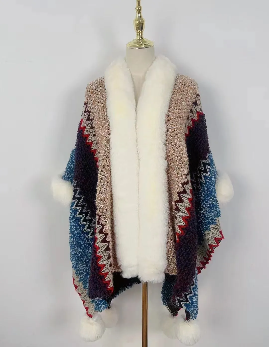 Boho Hippie Chic Rainbow Chunky Knitted Faux Fur Trim Pom Pom Poncho Shawl Coat