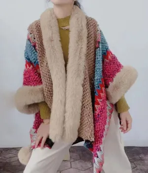 Boho Hippie Chic Rainbow Chunky Knitted Faux Fur Trim Pom Pom Poncho Shawl Coat