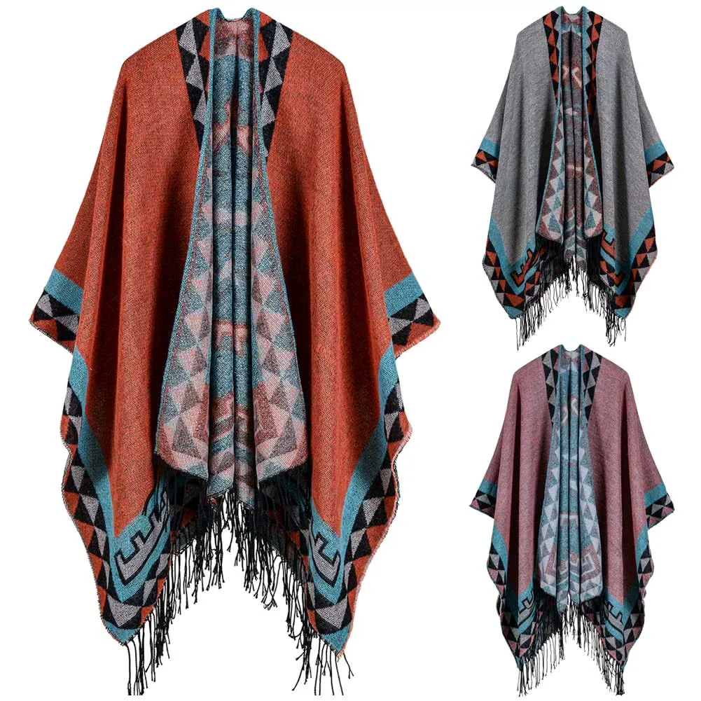 Boho Women Knitted Shawl Poncho Faux Cashmere Geometric Pattern Tassel Oversized Warm Long Cape