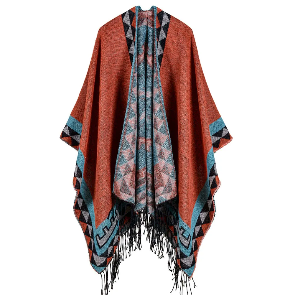 Boho Women Knitted Shawl Poncho Faux Cashmere Geometric Pattern Tassel Oversized Warm Long Cape