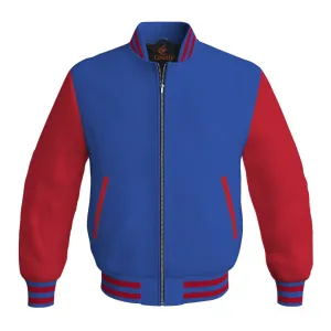 Bomber Jacket Women Blue Body and Red Leather Sleeves Bomber Jacket