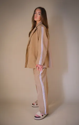 Camel Oversized Blazer Co Ord Suit Straight Leg Trouser Contrast Stripe detail