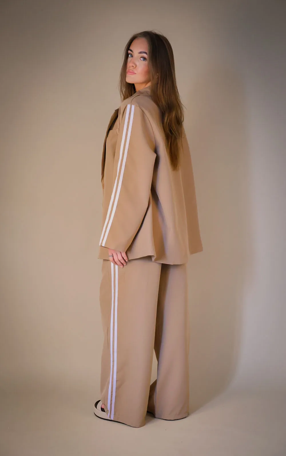 Camel Oversized Blazer Co Ord Suit Straight Leg Trouser Contrast Stripe detail