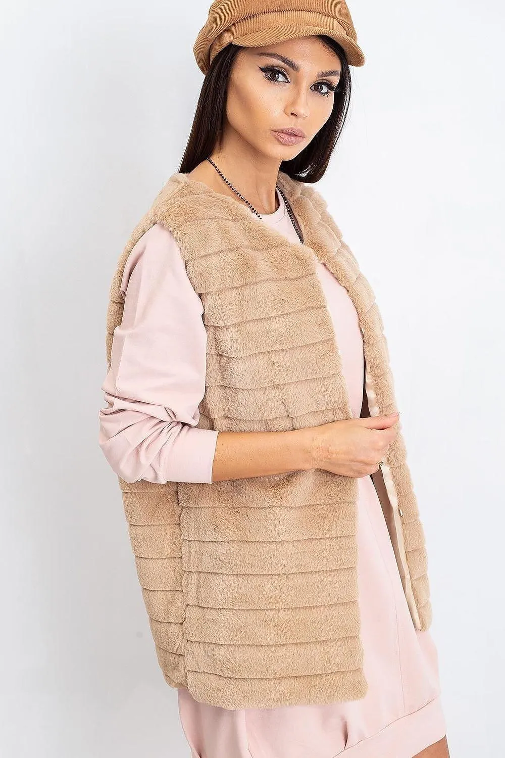 Chic Cream Faux Fur Vest with Elegant Hook Closure and Full Lining - Available in Multiple Sizes