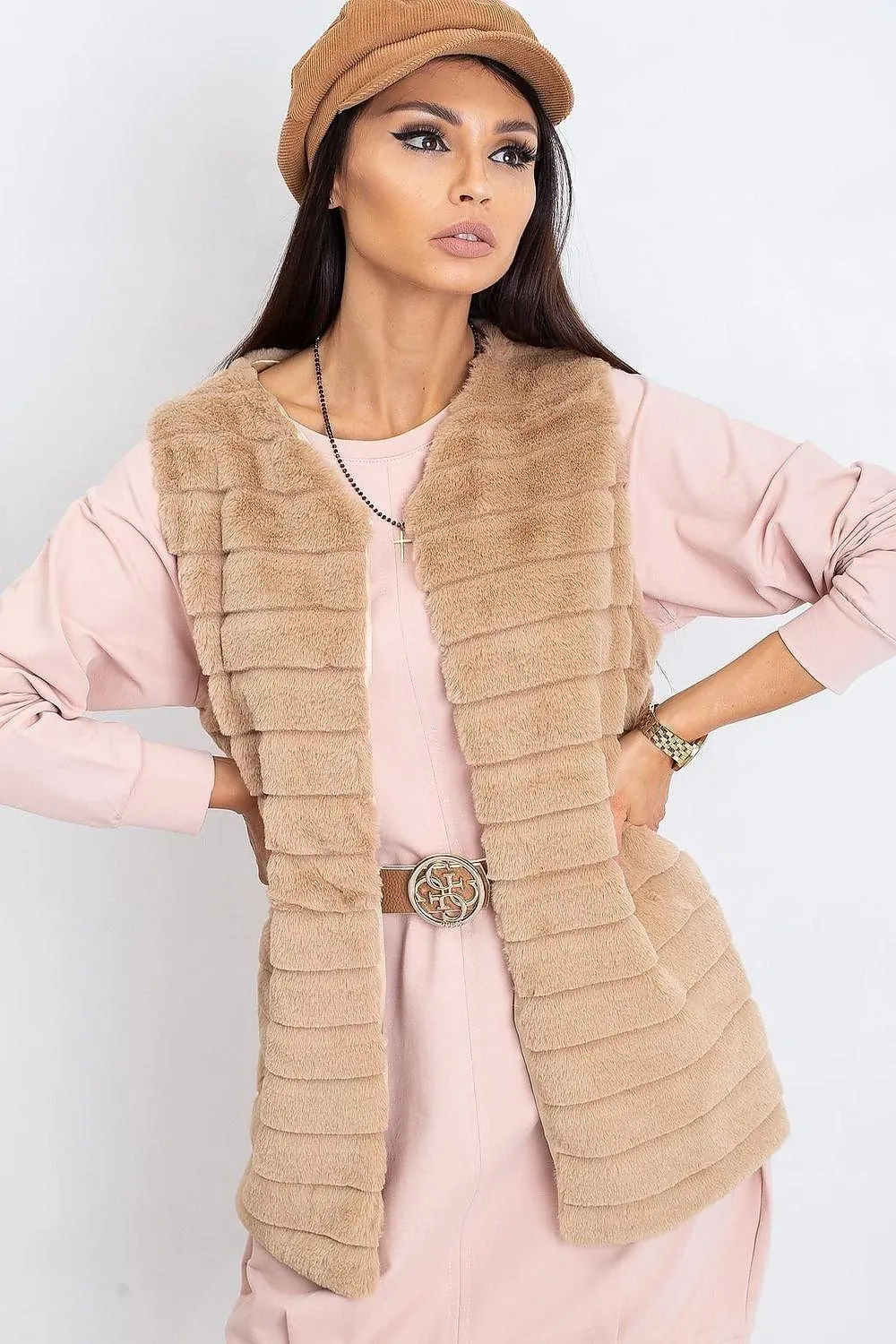 Chic Cream Faux Fur Vest with Elegant Hook Closure and Full Lining - Available in Multiple Sizes