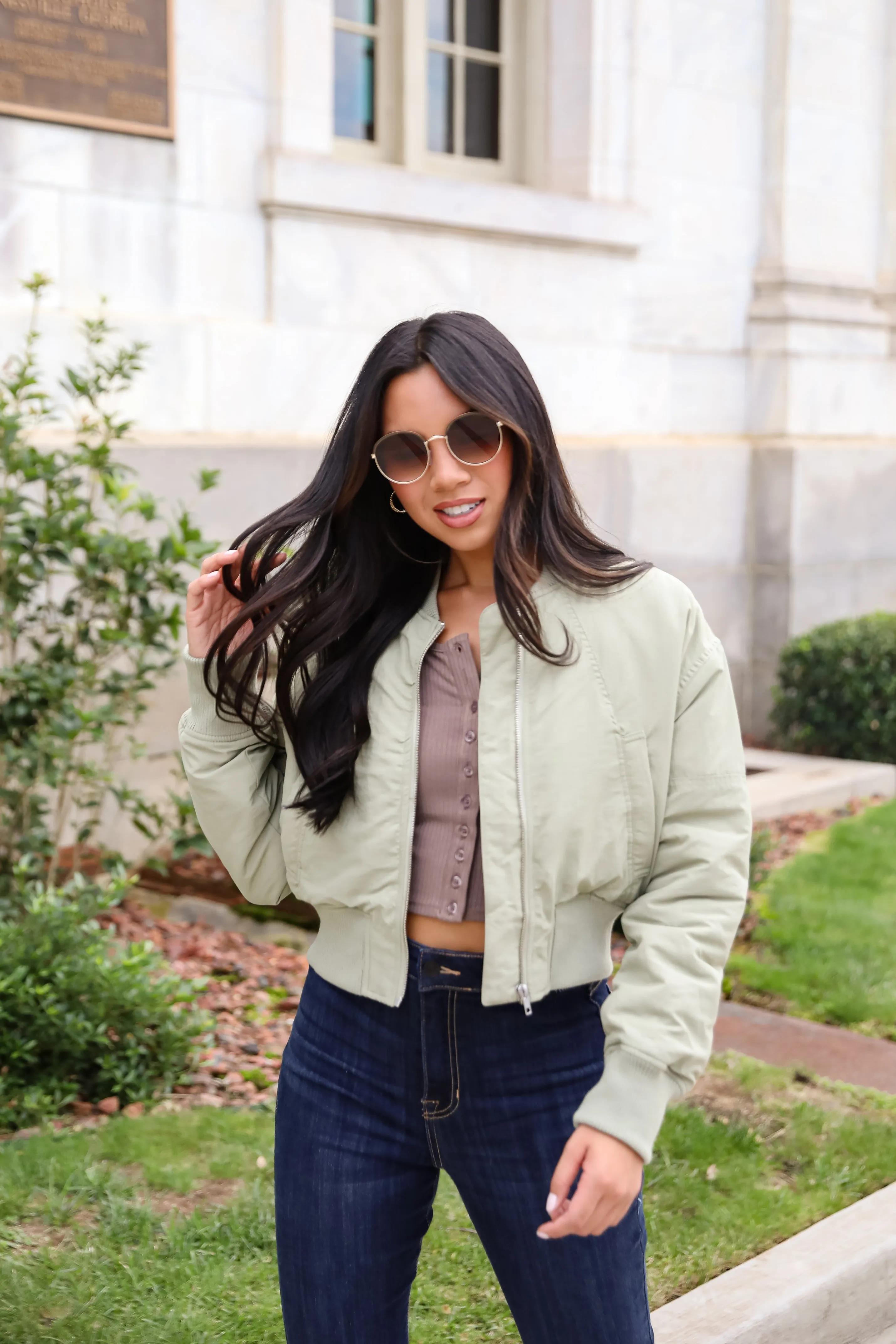 Cool Impulse Light Olive Cropped Bomber Jacket