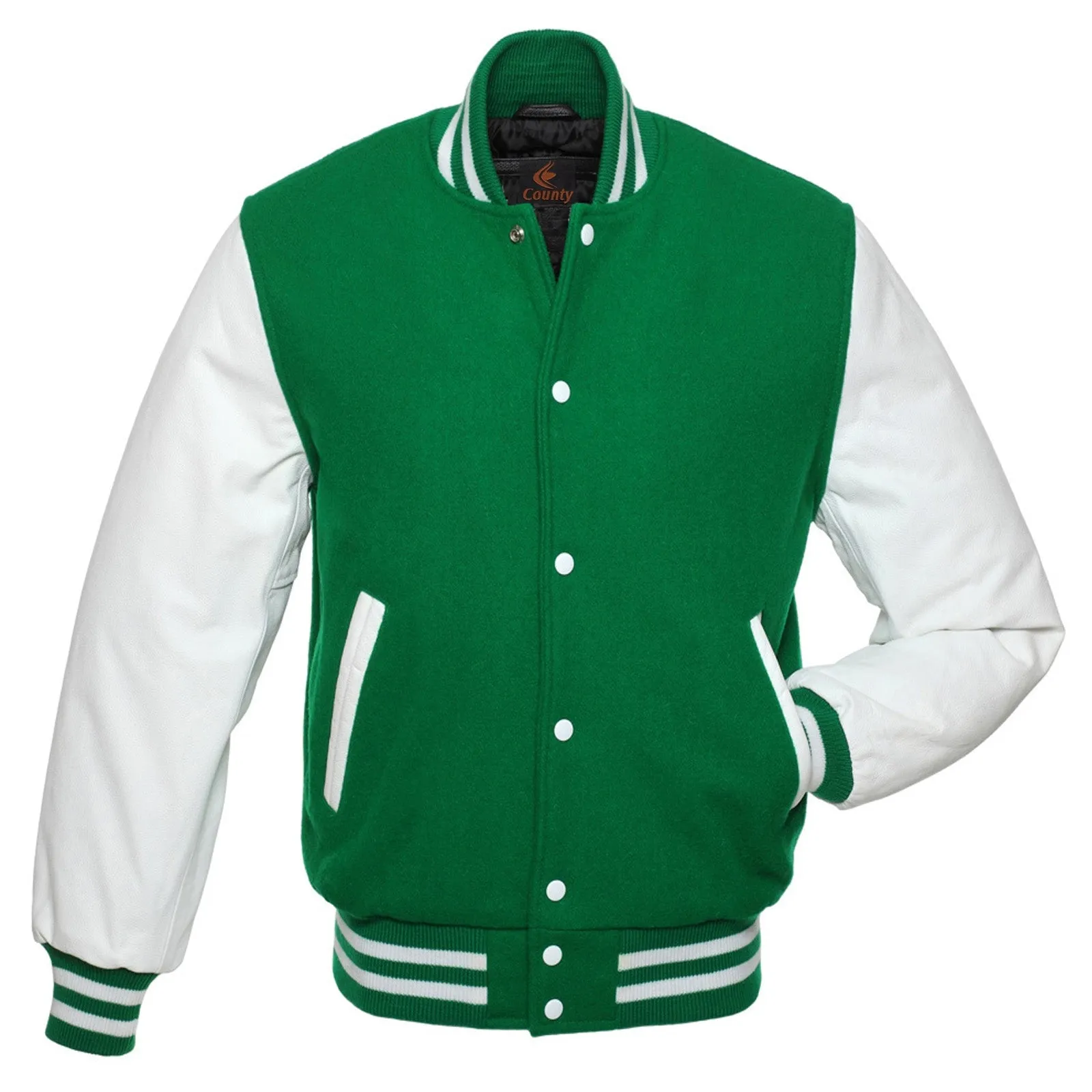 Custom Made Letterman Jackets Green Body and White Leather Sleeves Varsity Jacket