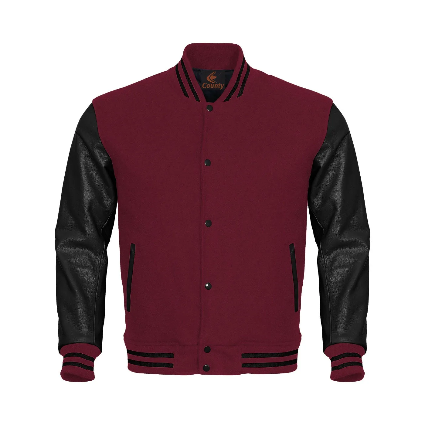 Custom Varsity Jackets Maroon Body and Black Leather Sleeves Varsity Jacket