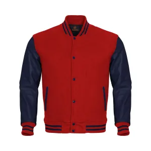 Custom Varsity Jackets Red Body and Navy Blue Leather Sleeves Varsity Jacket