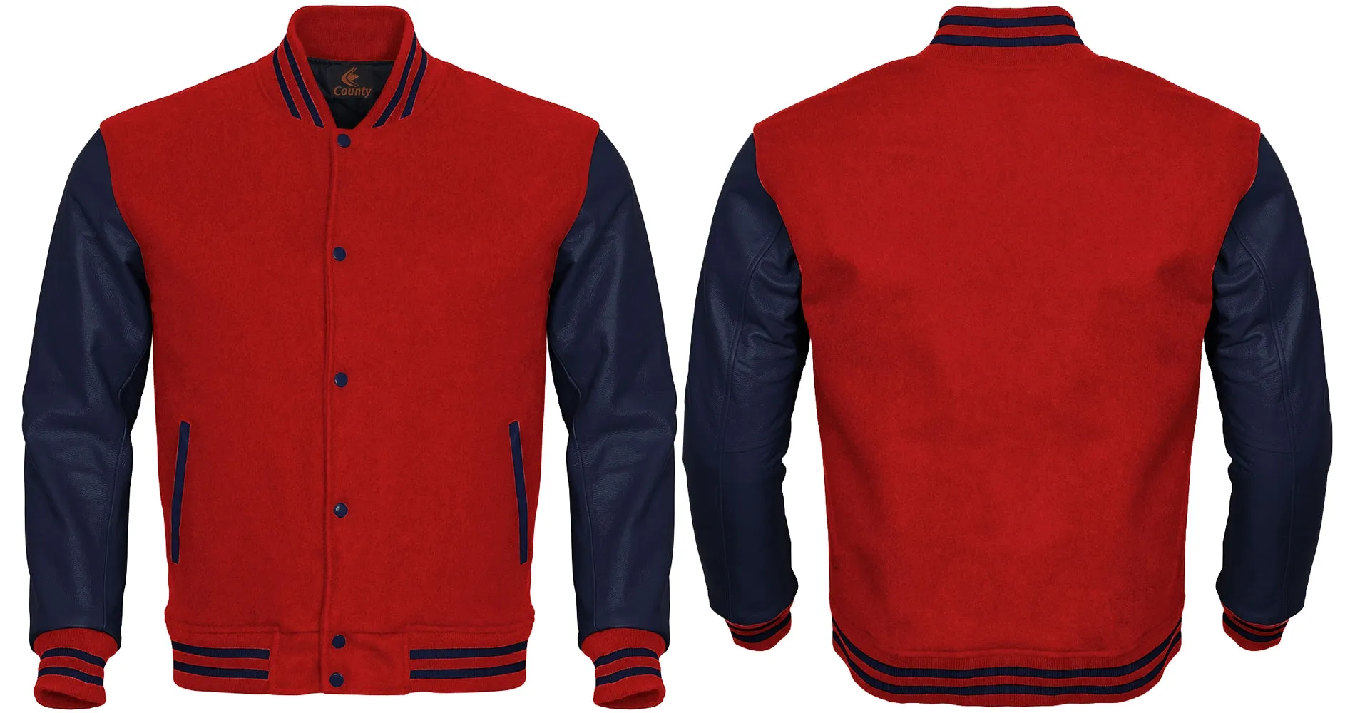 Custom Varsity Jackets Red Body and Navy Blue Leather Sleeves Varsity Jacket