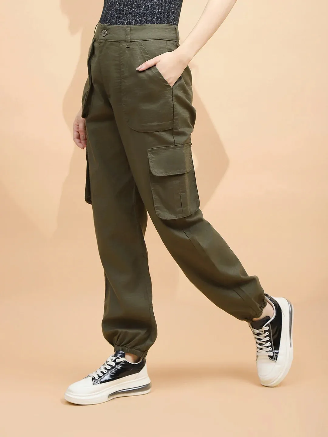 Dark Olive Cotton Straight Relaxed Fit Jogger For Women