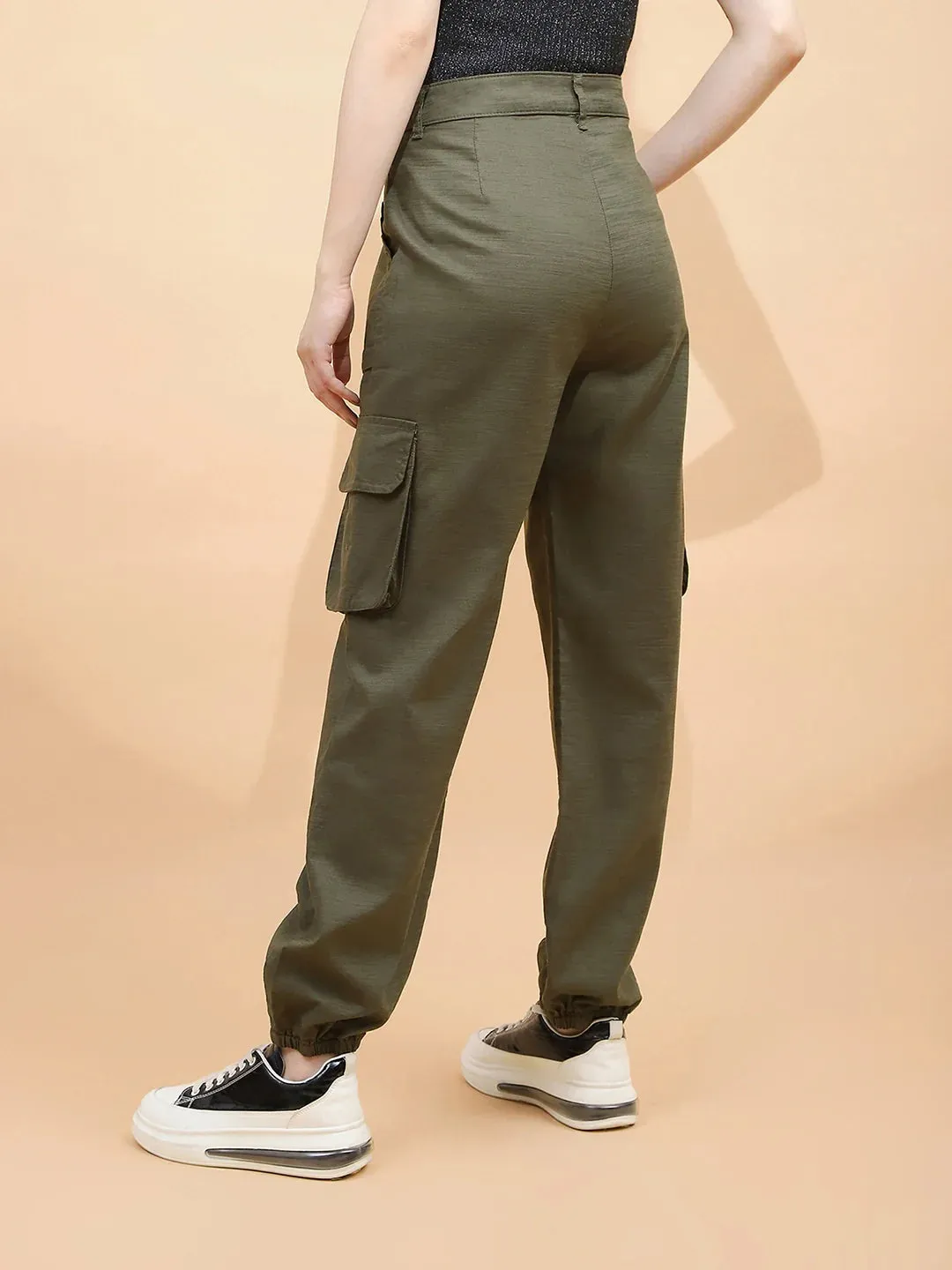 Dark Olive Cotton Straight Relaxed Fit Jogger For Women