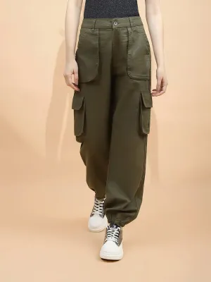 Dark Olive Cotton Straight Relaxed Fit Jogger For Women