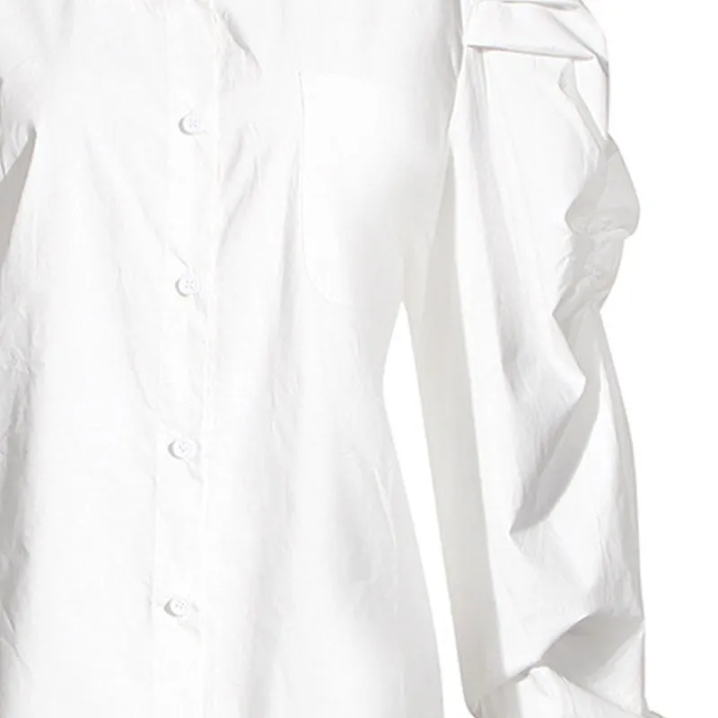 FeMinine Folded Collar Balloon Sleeve Button Down Blouse