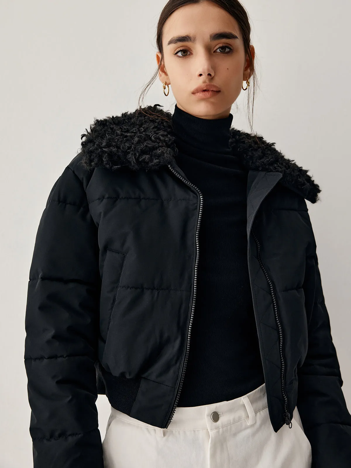 Fuzzy Trim Crop Trendy Quilted Bomber Jacket