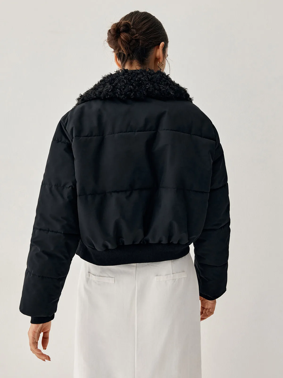 Fuzzy Trim Crop Trendy Quilted Bomber Jacket