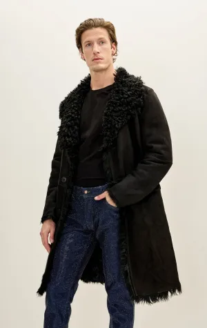 Genuine Suede Overcoat with Shearling Lining - BLACK