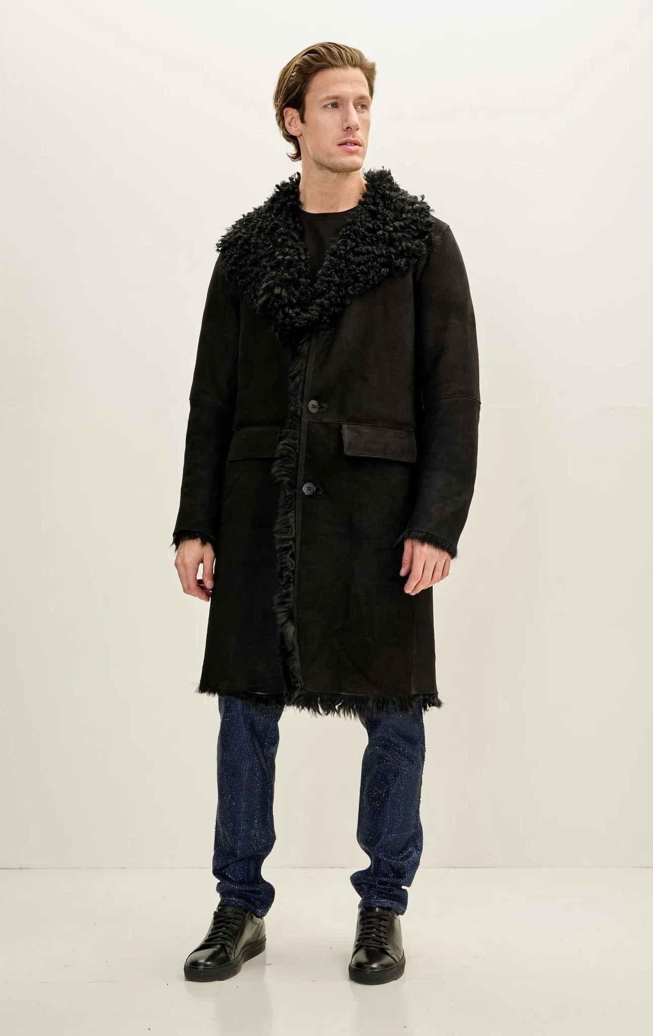 Genuine Suede Overcoat with Shearling Lining - BLACK