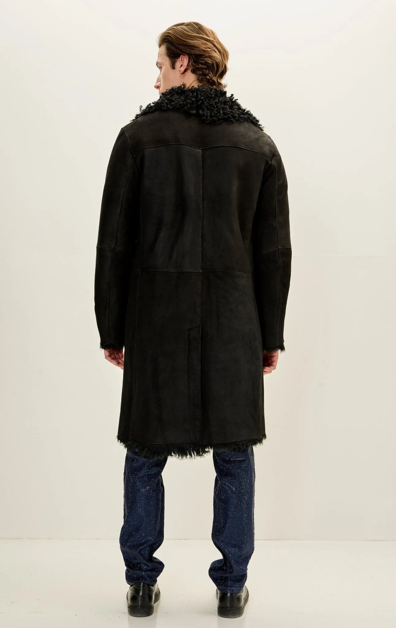 Genuine Suede Overcoat with Shearling Lining - BLACK