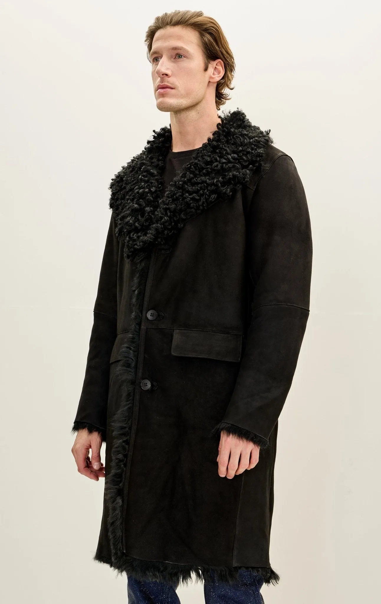 Genuine Suede Overcoat with Shearling Lining - BLACK