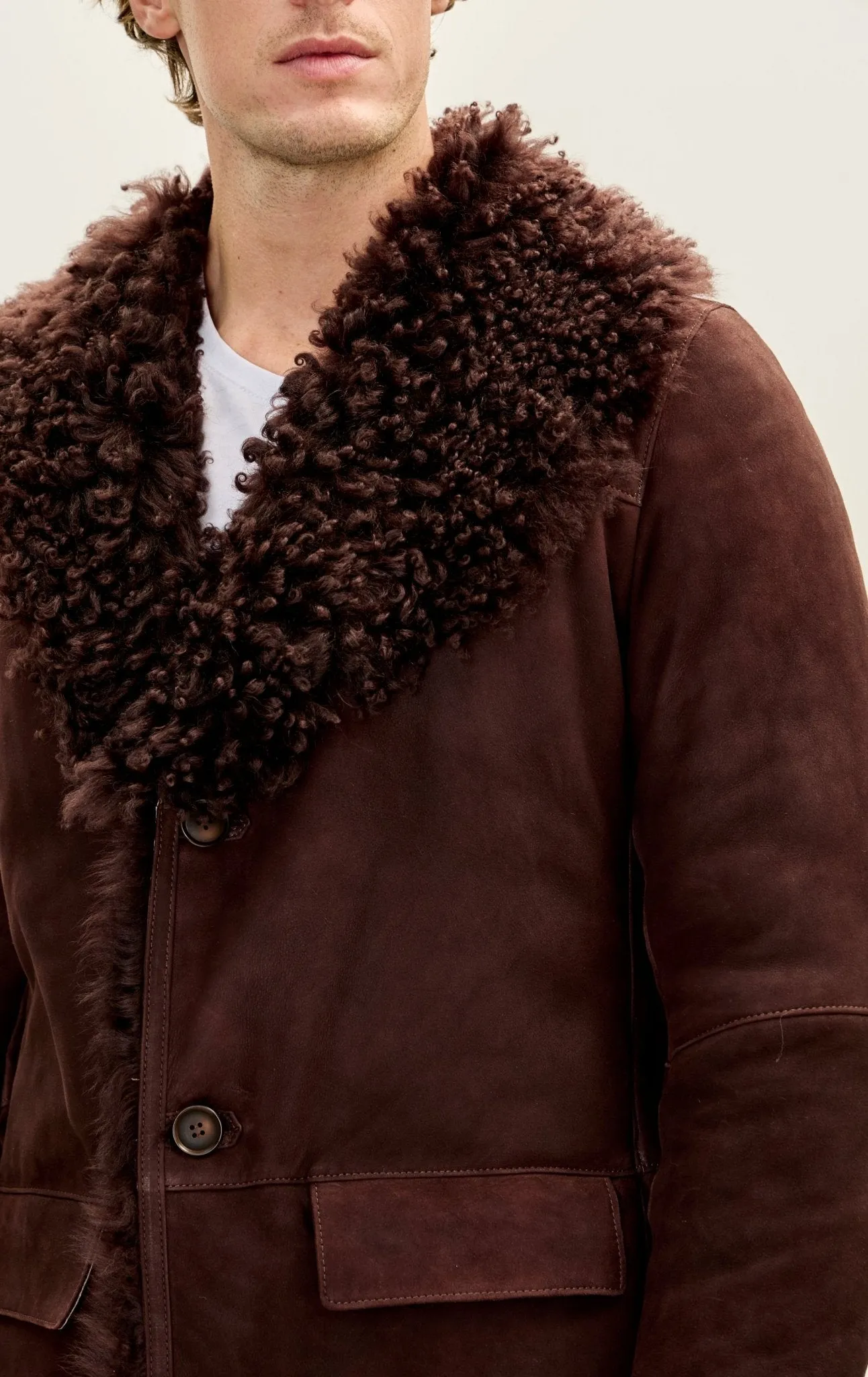 Genuine Suede Overcoat with Shearling Lining - Brown