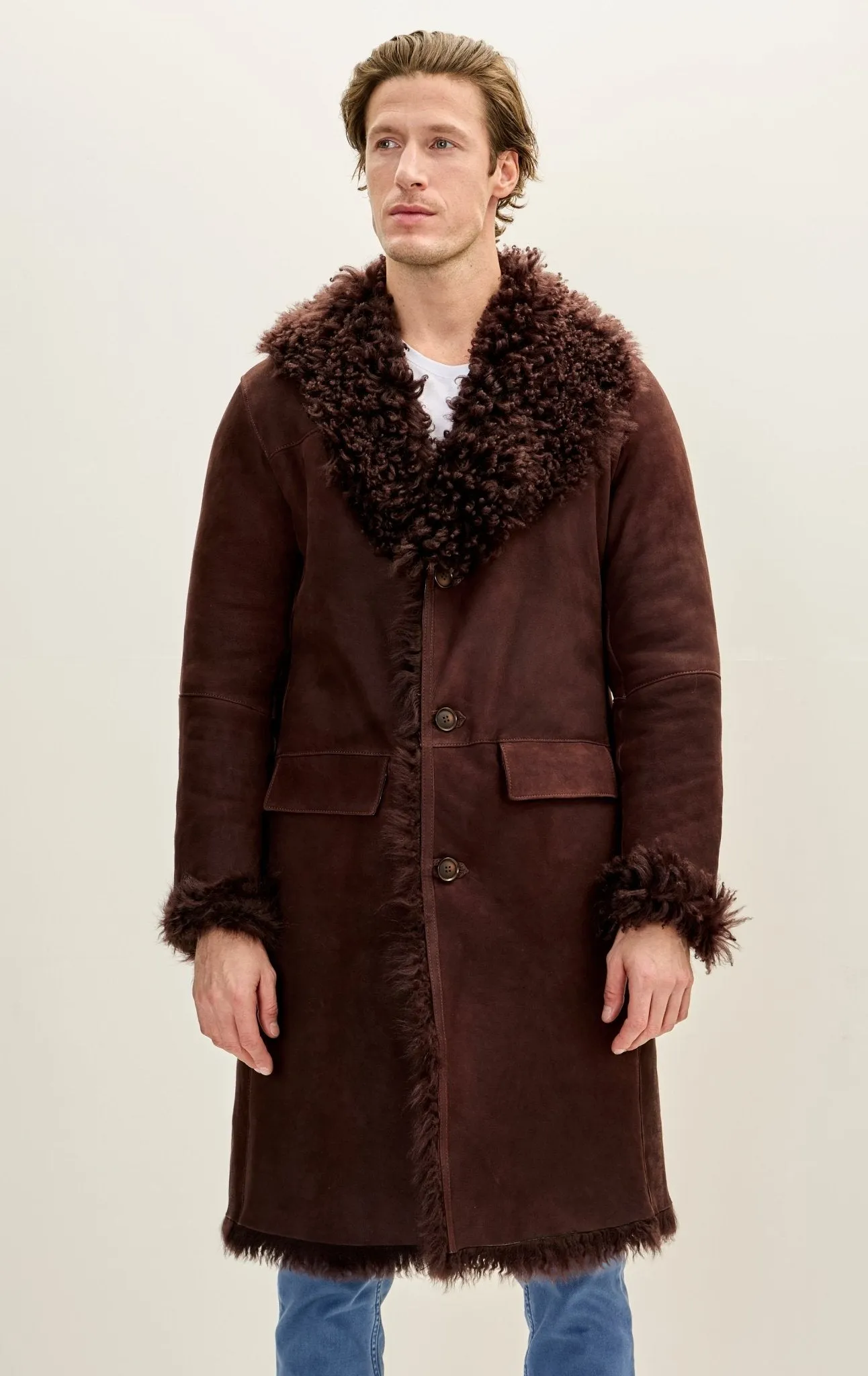 Genuine Suede Overcoat with Shearling Lining - Brown