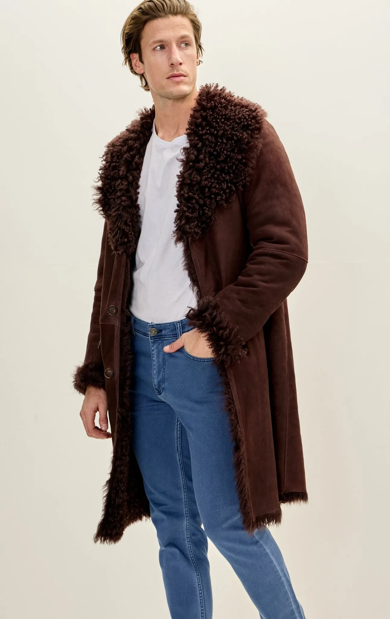 Genuine Suede Overcoat with Shearling Lining - Brown