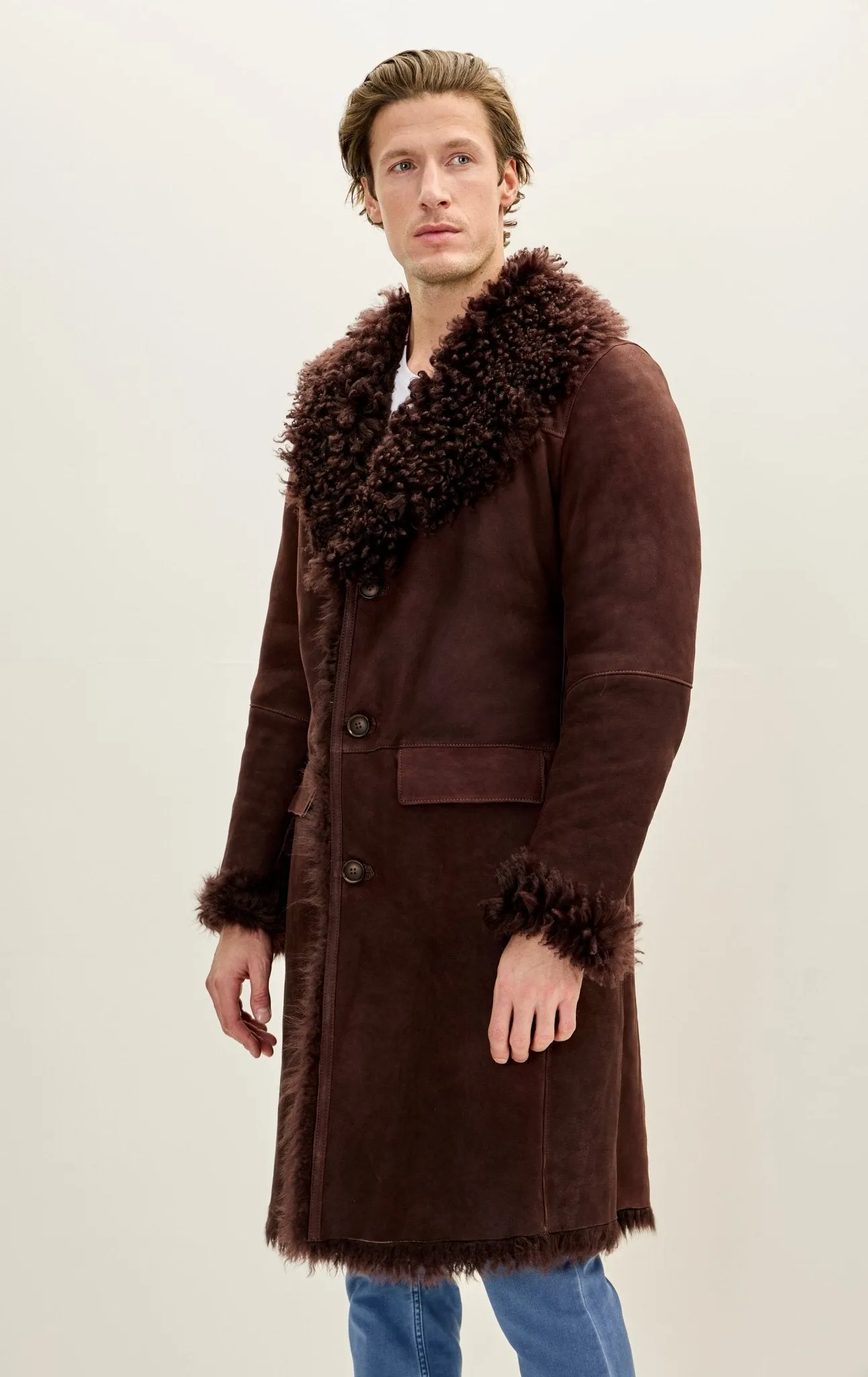 Genuine Suede Overcoat with Shearling Lining - Brown