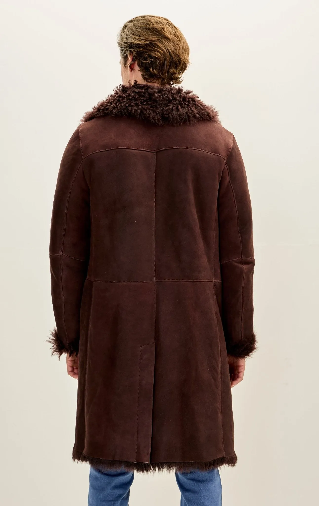 Genuine Suede Overcoat with Shearling Lining - Brown