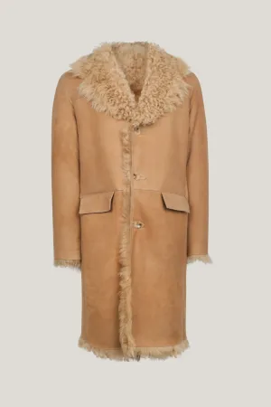 Genuine Suede Overcoat with Shearling Lining - Camel