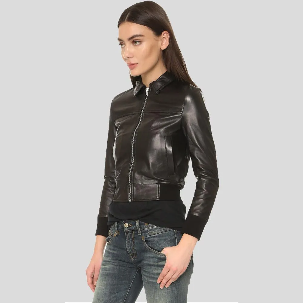 Halle Black Bomber Leather Jacket