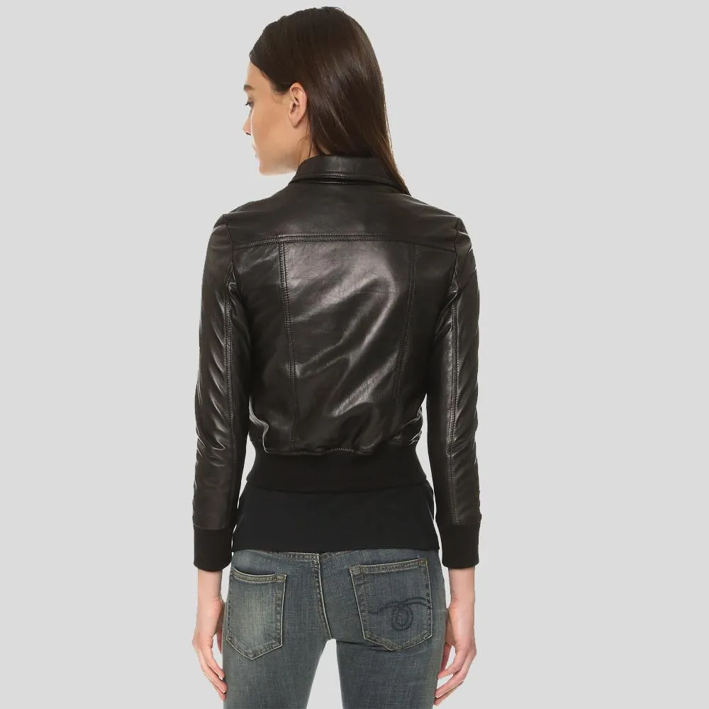 Halle Black Bomber Leather Jacket