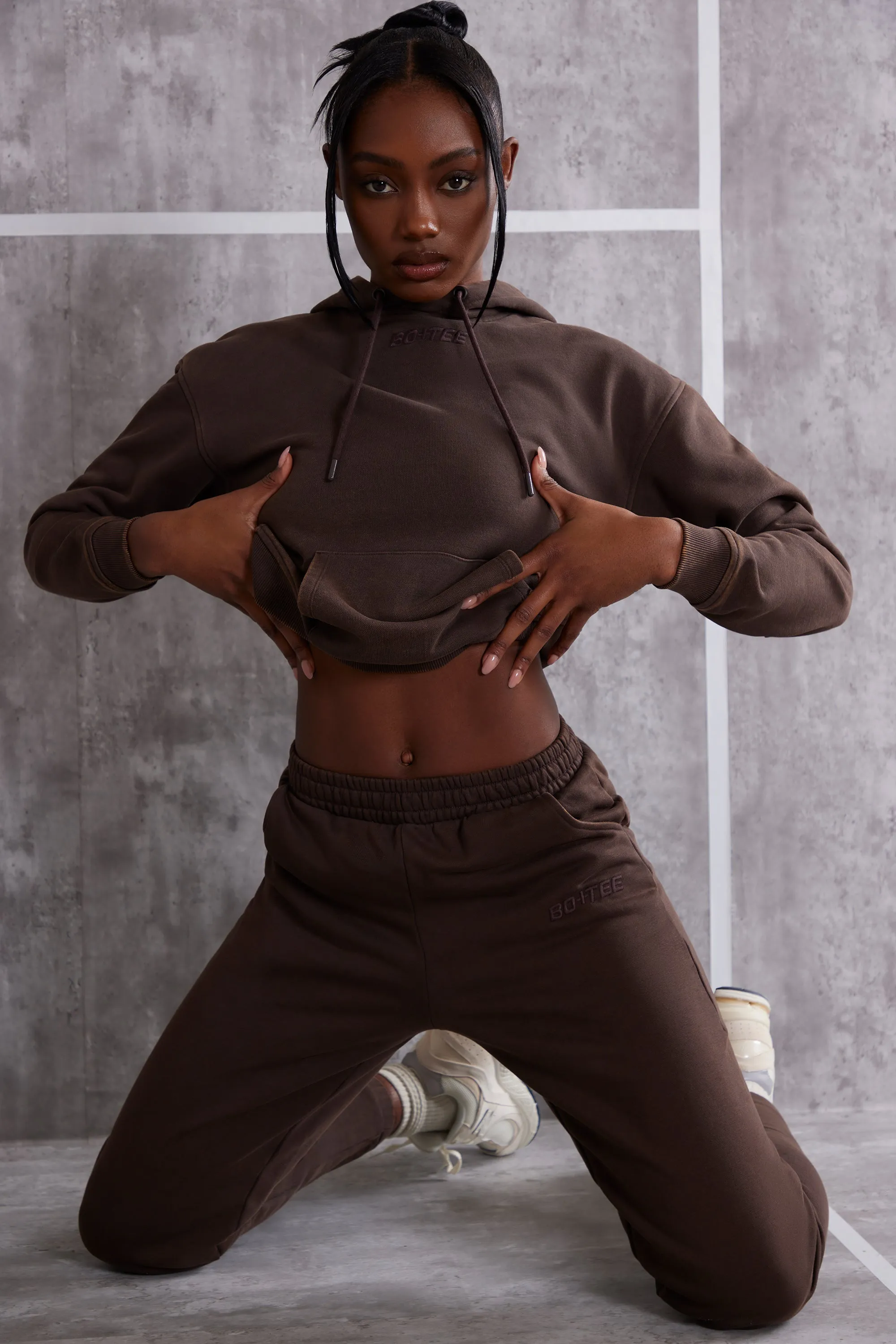 High Waist Cuffed Joggers in Brown