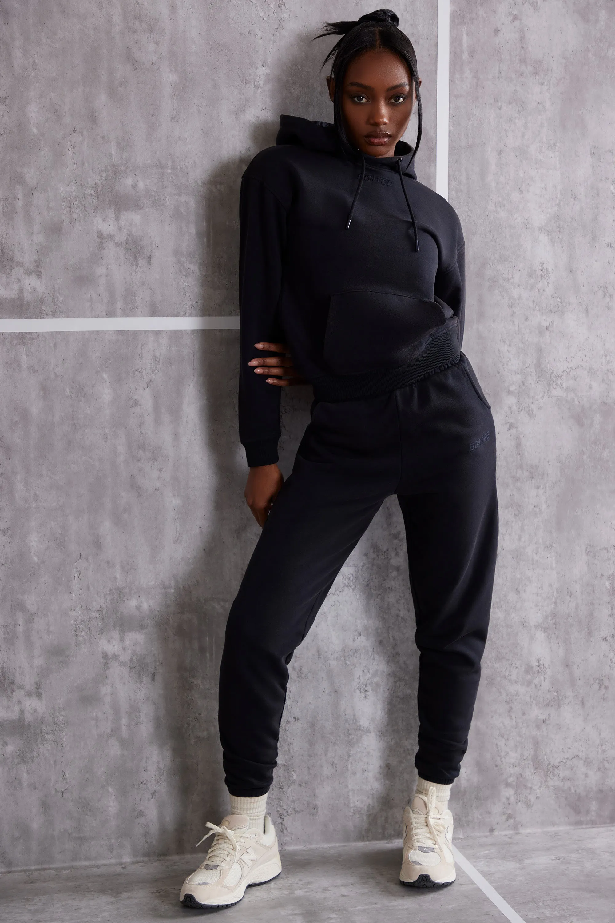 High Waist Cuffed Joggers in Washed Black