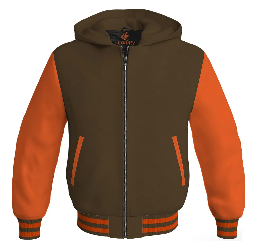 Hooded Bomber Women Brown Body and Orange Leather Sleeves Custom Hoodies